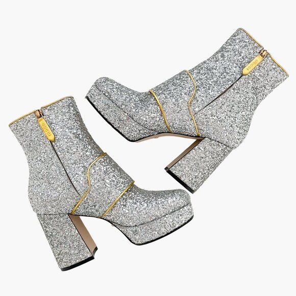 Gucci Soko Platform Ankle Boots EU 36 US 6 Silver Glitter GG Pearl Bee Heel - Picture 8 of 15